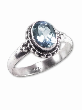 Durable Design Glam Appeal Blue Topaz Ring Sterling Silver Bead and Rope Solitaire Artisan Fair Trade, SZ 9