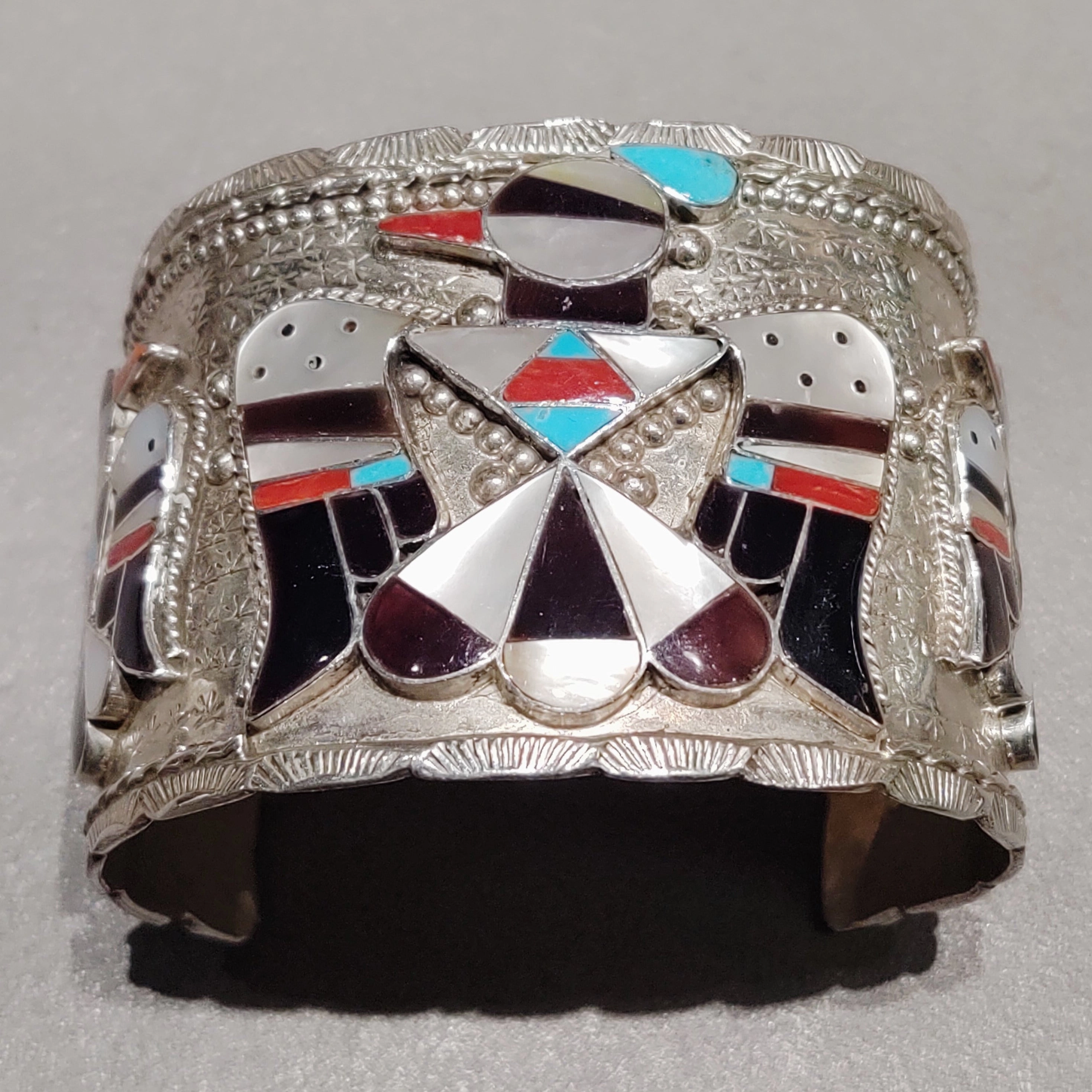 Playful Shine Work Friendly Bobbie and Corrine Shack Zuni Thunderbird Sterling Silver Cuff - Handmade Native American