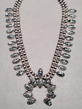 Artisan Flair Bobby Johnson Navajo Sterling Silver New Lander Chalcosiderite Squash Blossom - Handmade Native American