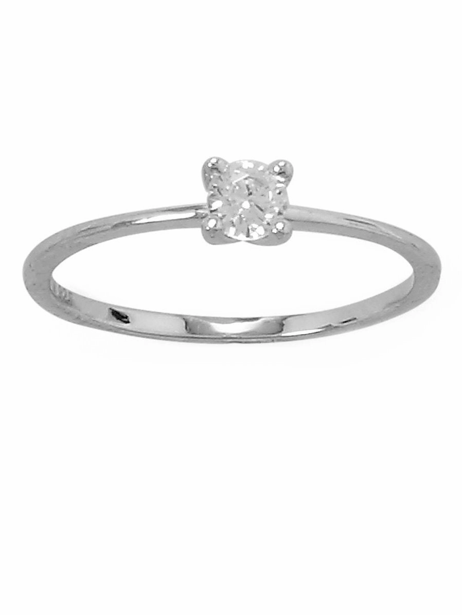 Minimalist Memento Solitaire Engagement Ring 4mm Cubic Zirconia Rhodium on Sterling Silver