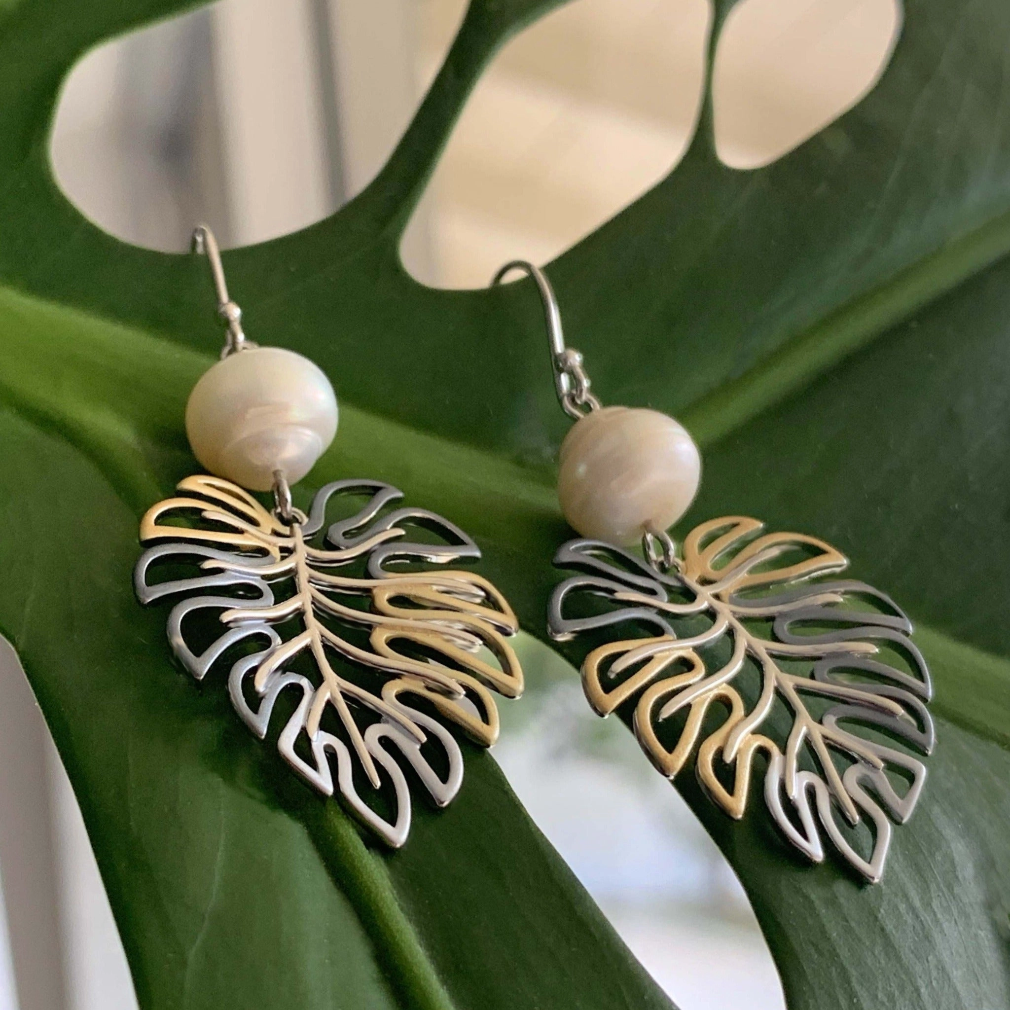 Monstera Leaf Pearl Pendant or Earrings Lightweight Appearance
