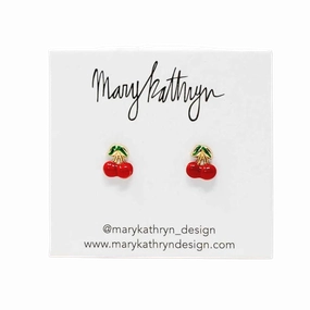 Sparkling Appearance 14k Gold Enamel Cherry Studs