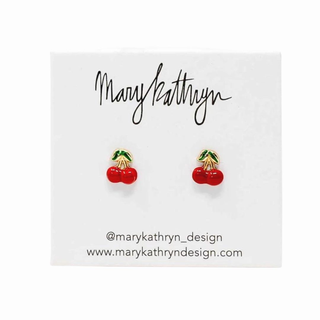 Sparkling Appearance 14k Gold Enamel Cherry Studs