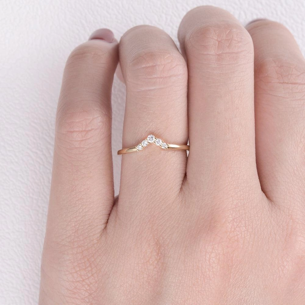 Versatile Piece Vibrant Colors Chevron V Shaped Moissanite Yellow Gold Ring