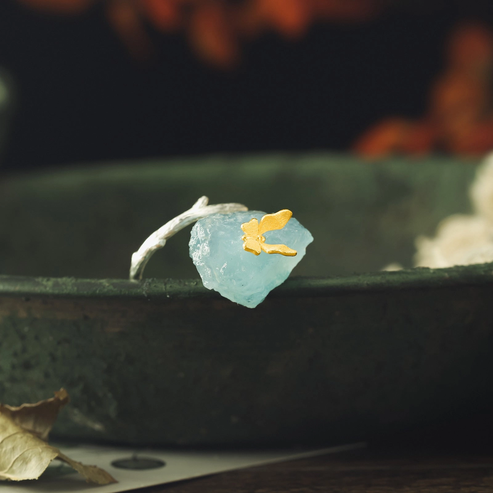 Travel Present HighEnd Art Aquamarine Butterfly Ring