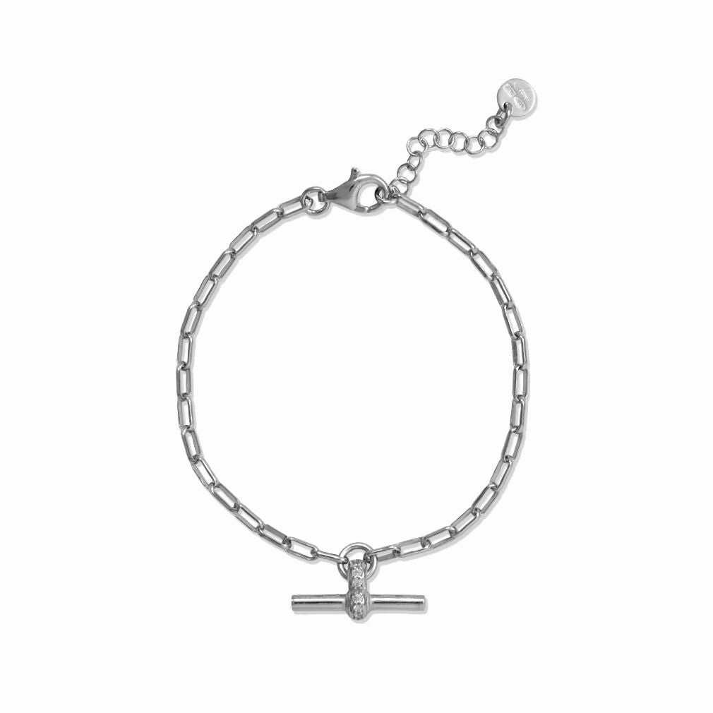Handcrafted Touch Paper Clip Chain Bracelet Toggle Bar Charm with Cubic Zirconia Adjustable Rhodium on Sterling Silver