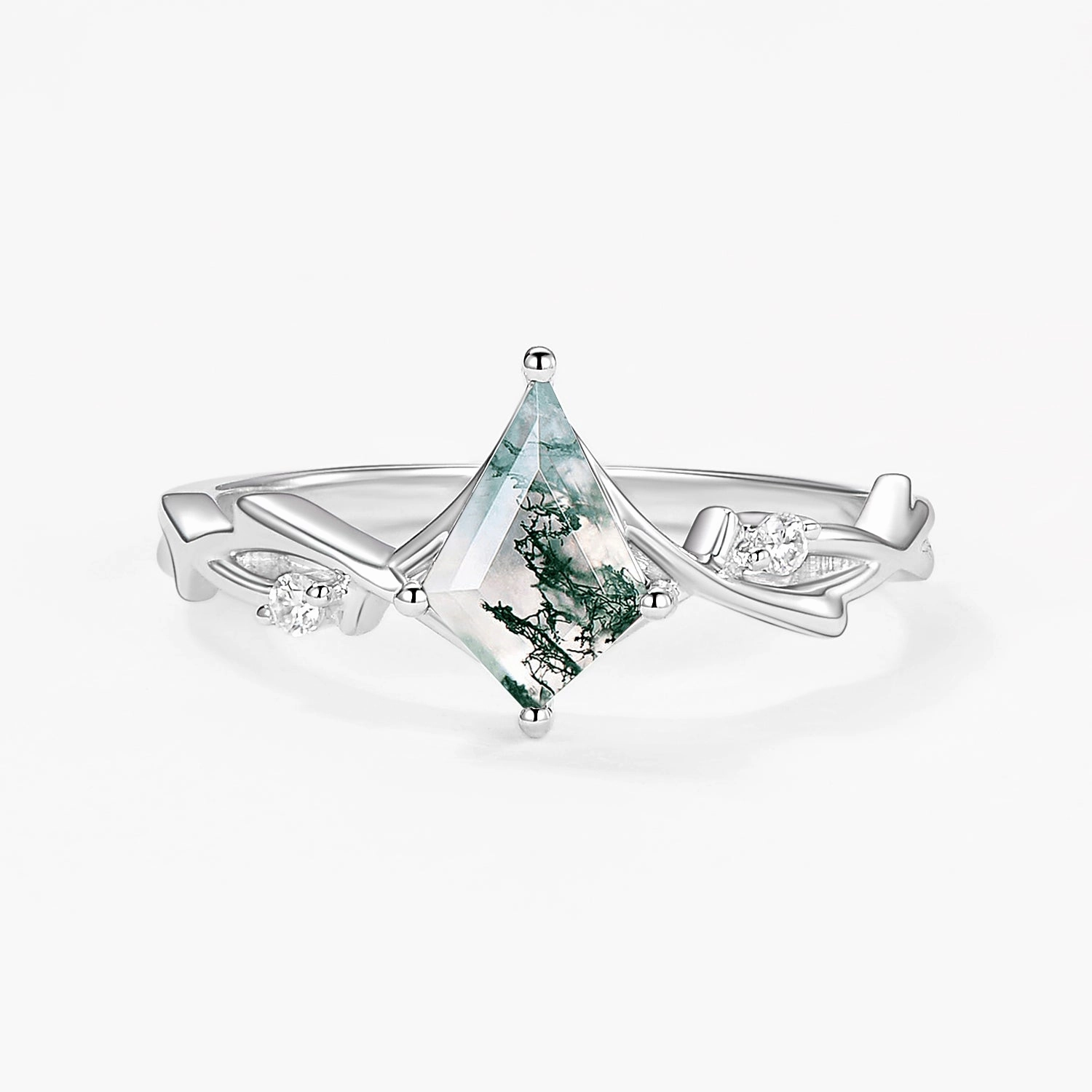 Exquisite Accent Branch Moss Agate Kite Cut Engagement Ring