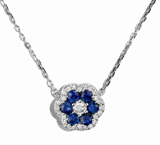 Bremer Jewelry 18K White Gold Round Shape Sapphires and Diamonds Cluster Pendant (.78ctw) High-Quality Adornment Formal Style