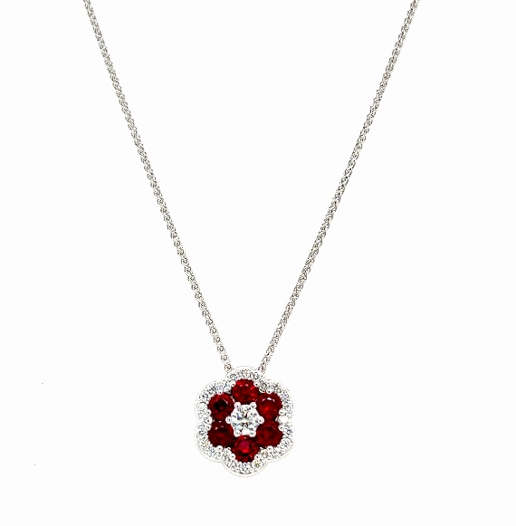 Bremer Jewelry 18K White Gold Rubies and Diamond Cluster Necklace (1.93ctw) Artisan Ornament