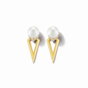 Stunning Aesthetic Office Accessory Bremer Jewelry Akoya Cultured and Diamond Pearl Drop Earrings in 18K Yellow Gold (0.10ctw)
