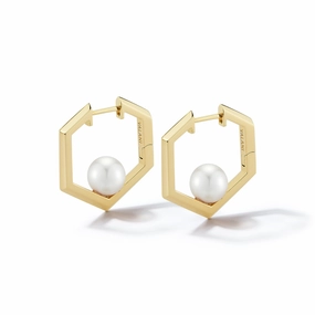 Bremer Jewelry Akoya Cultured Pearl Hoop Earrings in 18K Yellow Gold Heart-Shaped Adornment Square Decoration