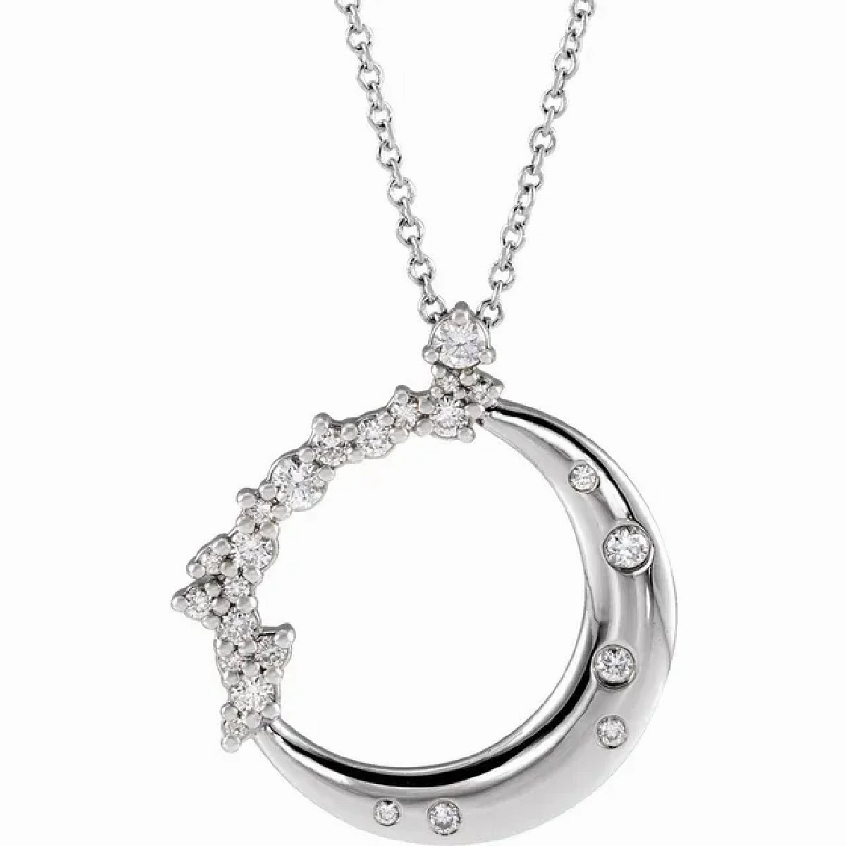 Amazing Present Bremer Jewelry My Brightest Star 14K White Gold 1/4ctw Crescent Moon and Stars Diamond Pendant with a 14K White Gold Cable Link Necklace (0.25ctw)