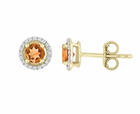 Bremer Jewelry Round Shape Citrine and Diamond Solitaire/Stud Earrings in 14K Yellow Gold (0.55ctw) Polygonal Decoration