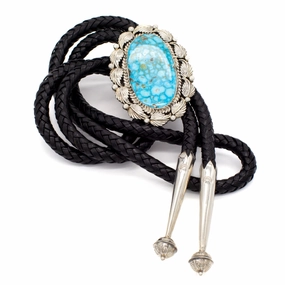 Lustrous Accent Custom Craft Pricilla Apache Navajo Handmade Sterling Silver Turquoise Bolo Tie