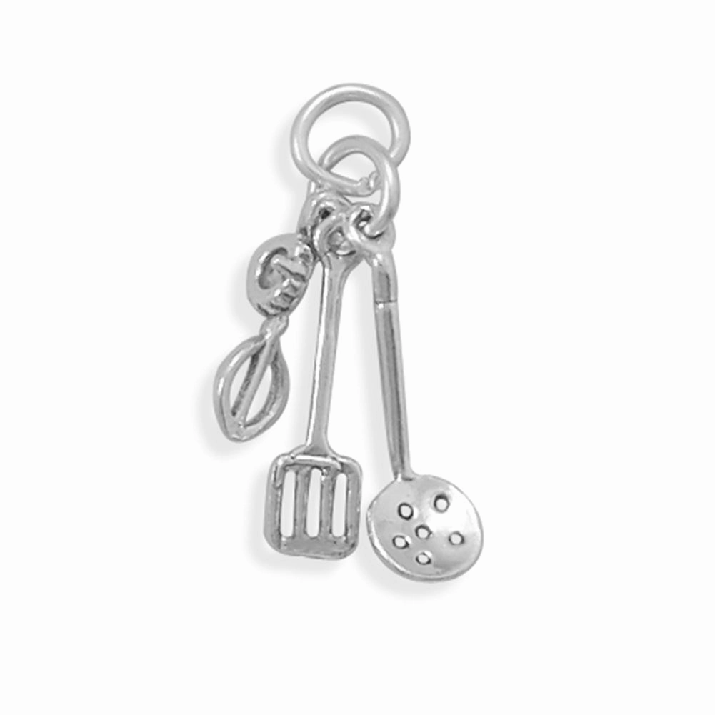 Exclusive Touch Cooking Utensils Charm Sterling Silver Strainer Spatula and Egg Beater 3D - Made in the USA