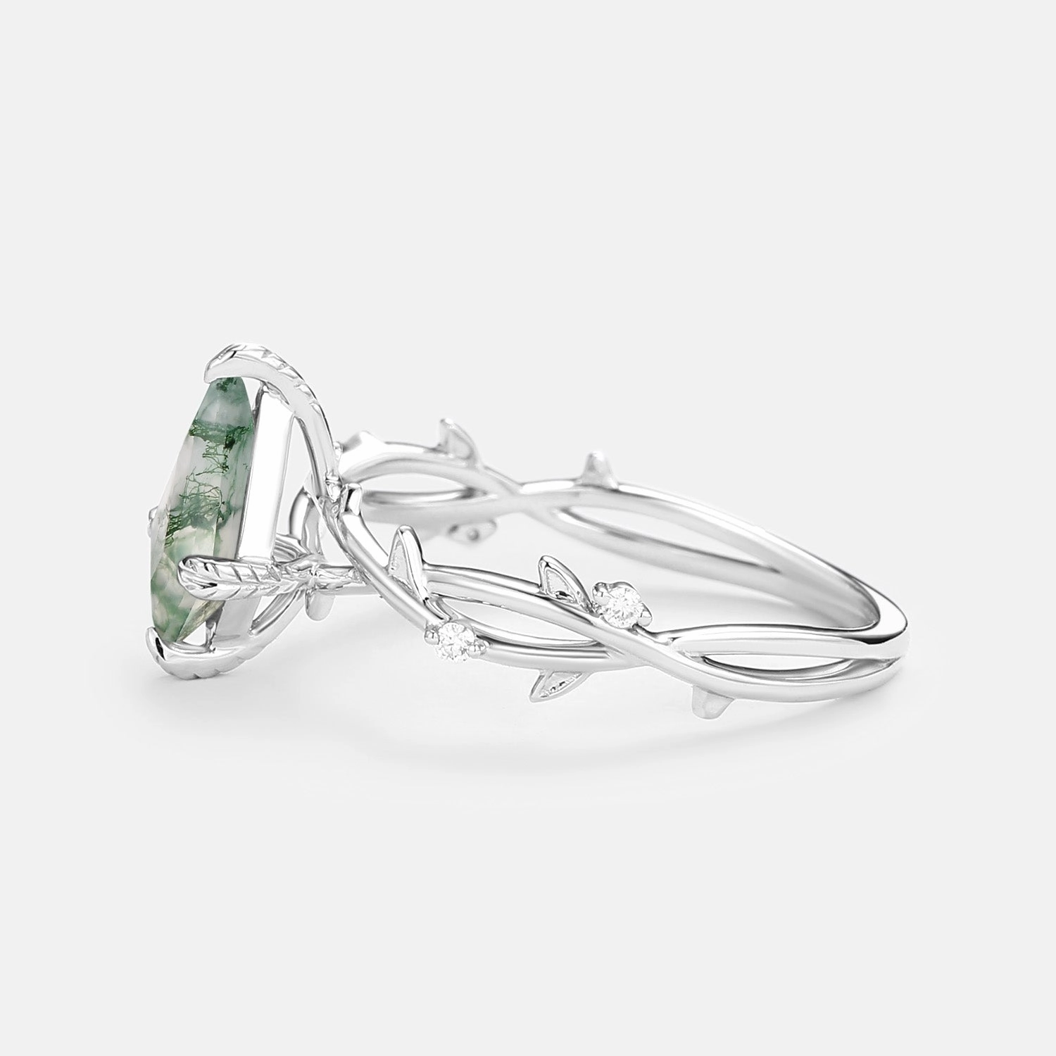 Minimalist Kite Cut Moss Agate Leafy Engagement Ring - Bramble Fresh Finish