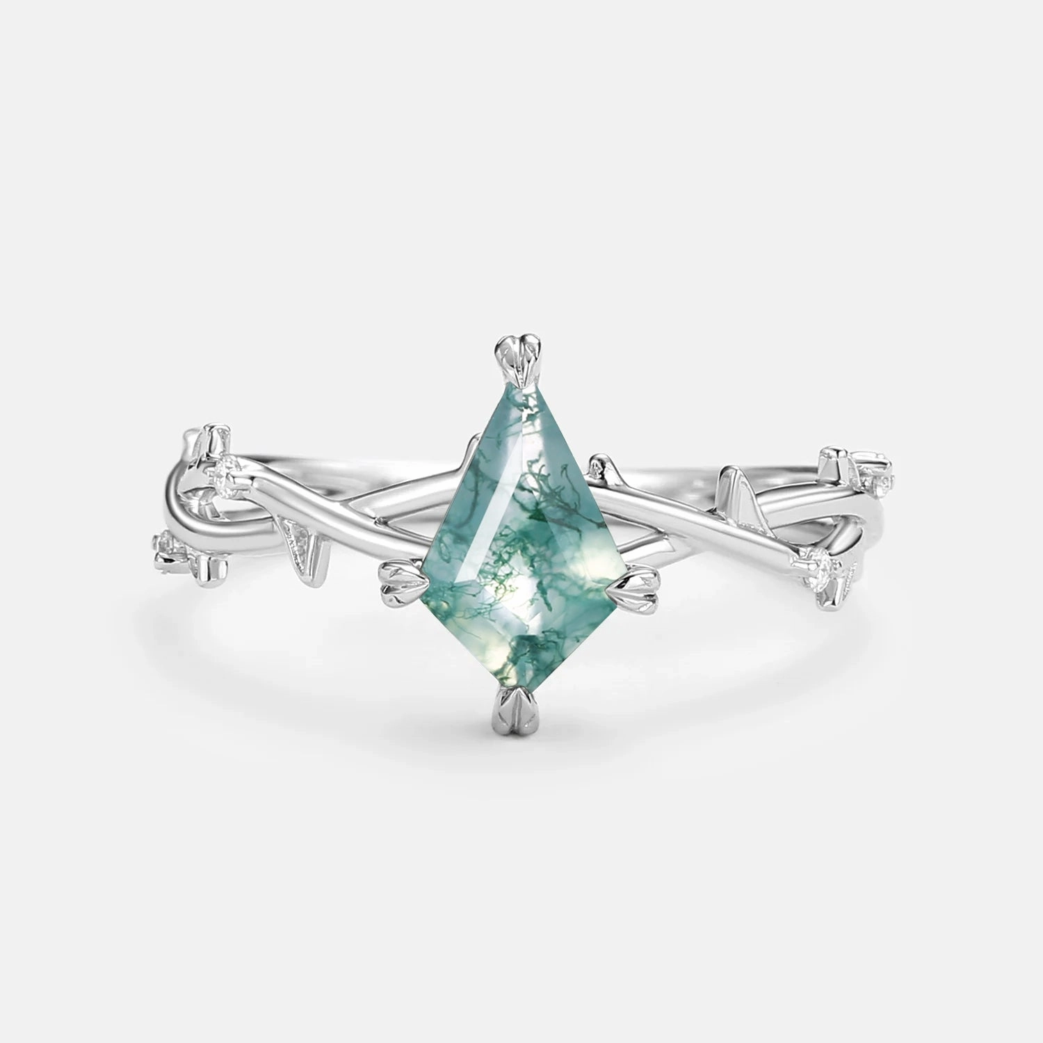 Minimalist Kite Cut Moss Agate Leafy Engagement Ring - Bramble Delicate Beauty
