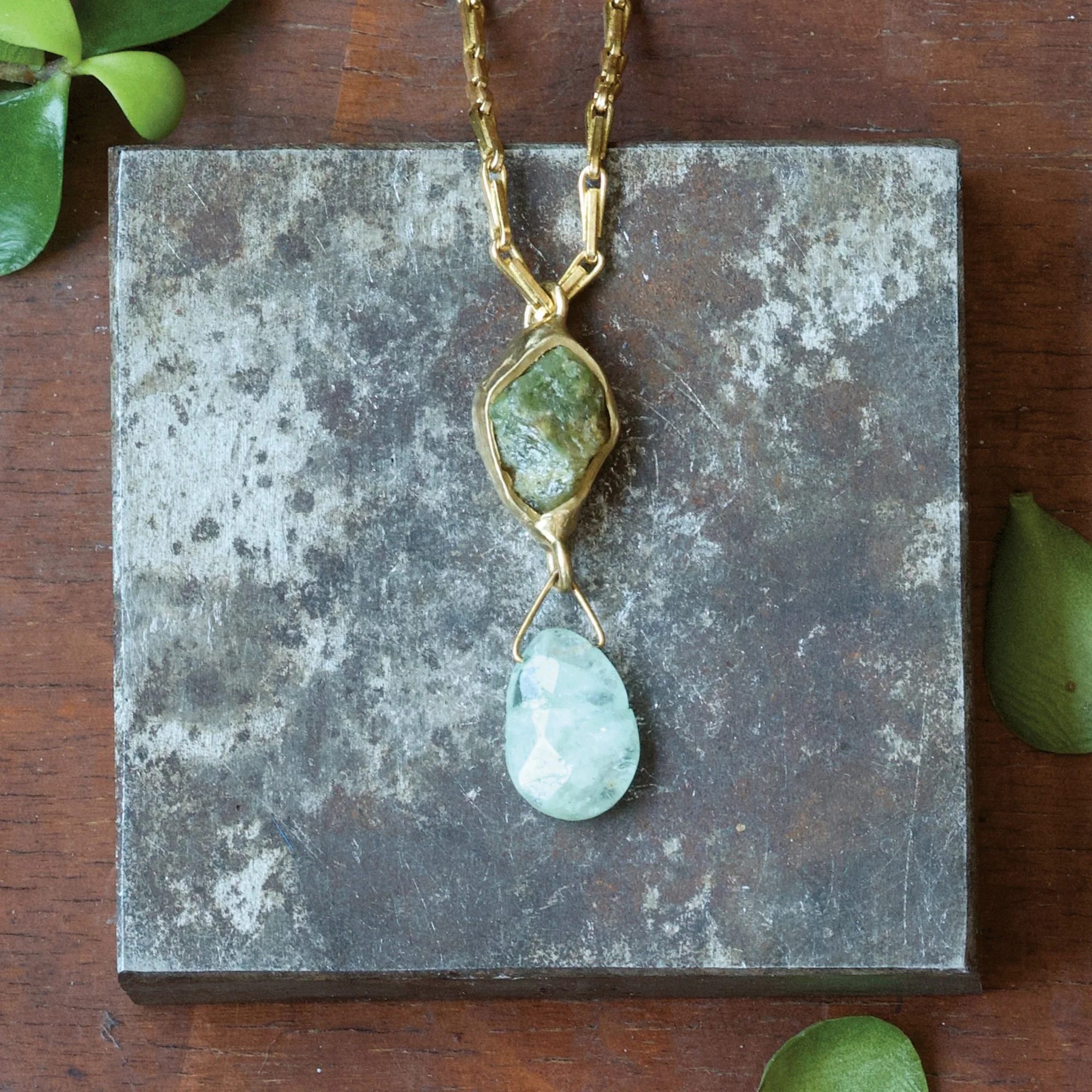 Green Piece Young Professional Calm Waters Pendant - Brass, Aquamarine   Green Garnet
