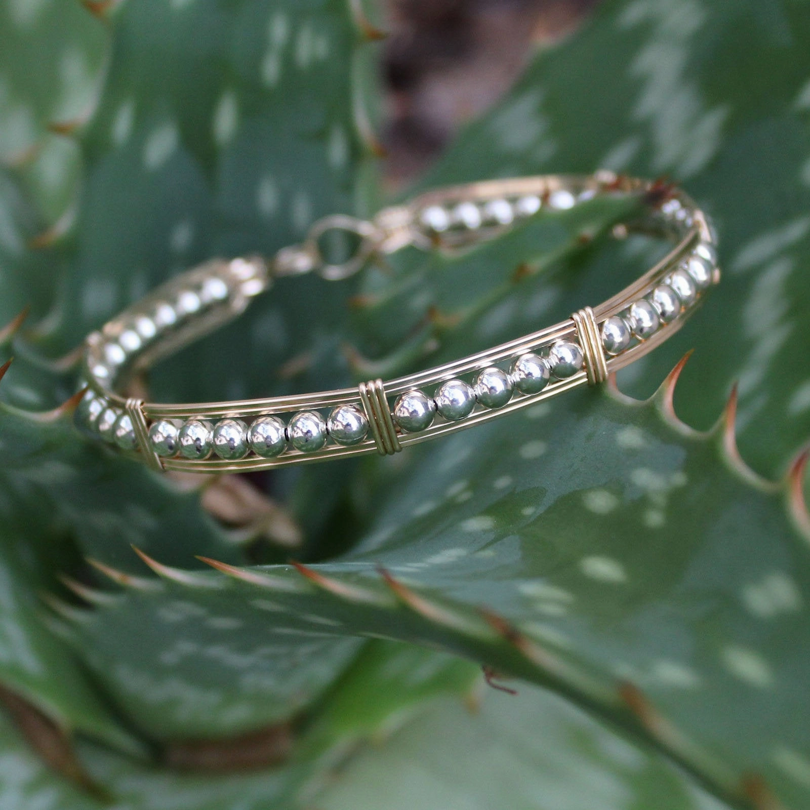 Two-Tone Sterling Silver Beads Gold Filled Wire Wrapped Bracelet Good Fusions