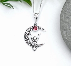 Bold Lines Celtic Moon Spiral Goddess Garnet Necklace