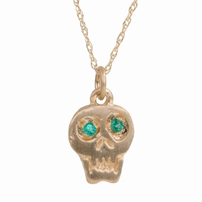 Charmed Skull Emerald Necklace - 14k Gold Adult Evening Jewelry Delicate Design