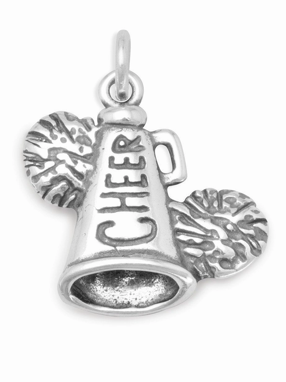Cheerleading Megaphone with Pom Poms Charm Sterling Silver Glam Look