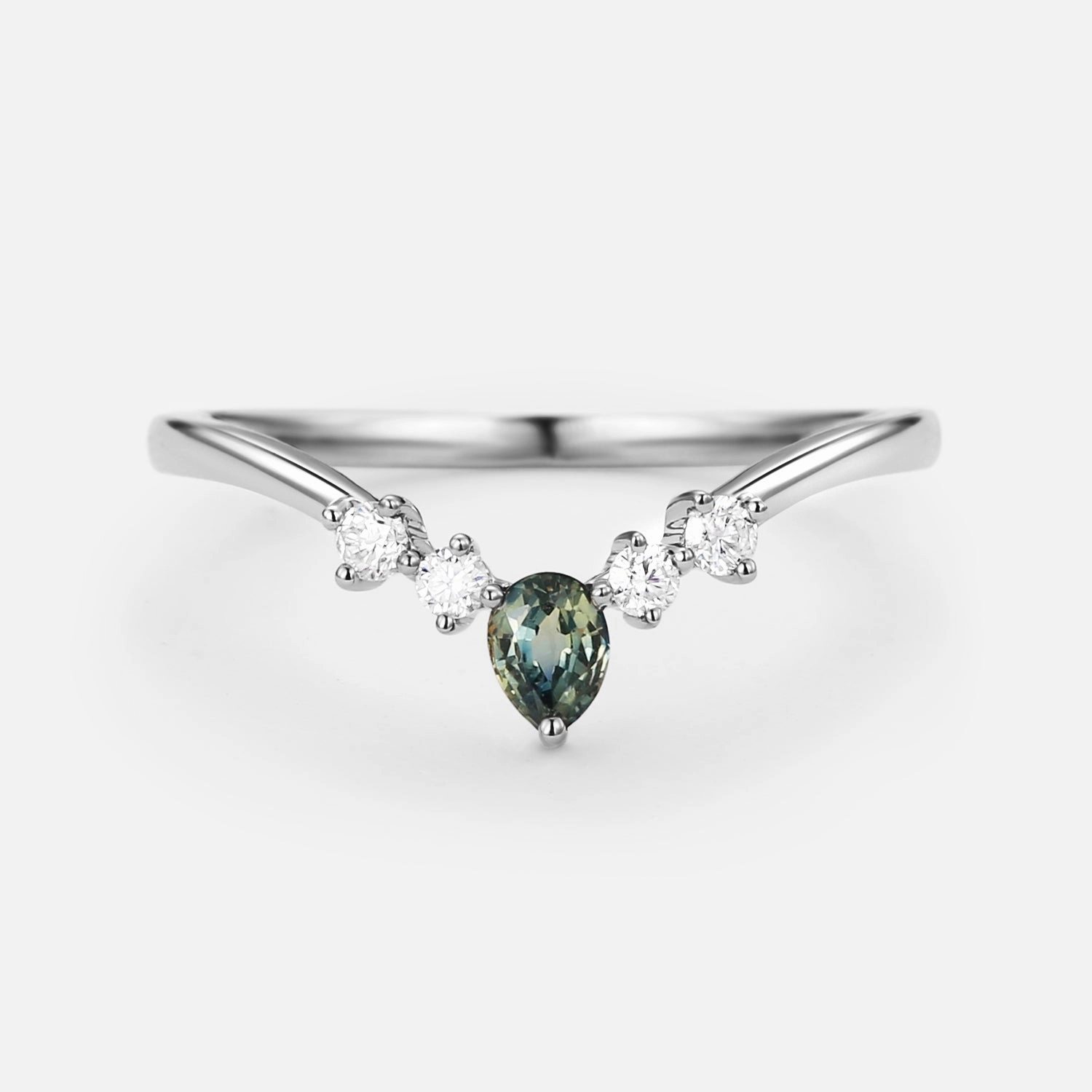 Teal Sapphire & Moissanite Band Wedding Ring Polished Glow Signature Accent