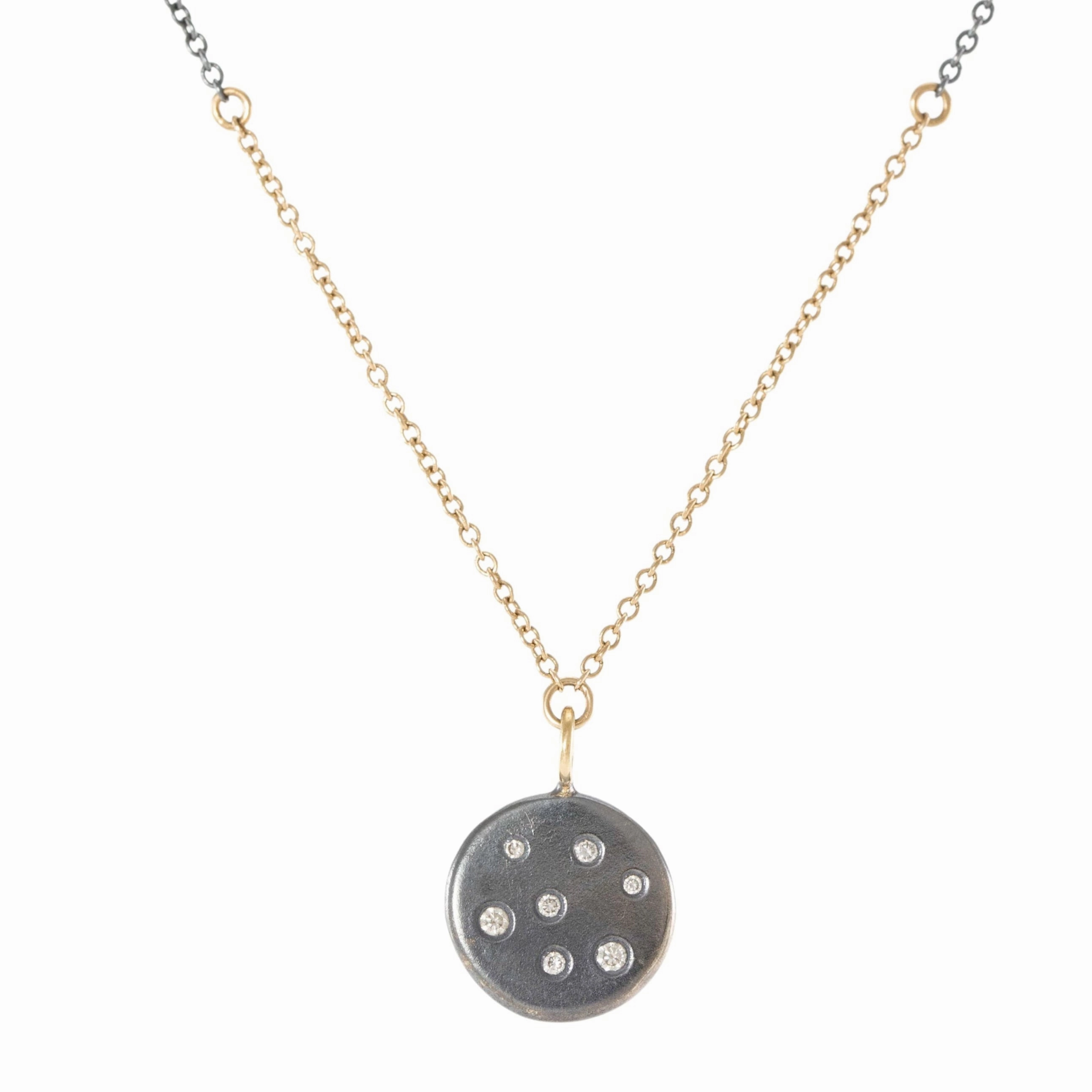 Black   Gold Disc Necklace on Two-Tone Chain - 14k Gold, Oxidized Silver   VS White Diamonds Young Heart