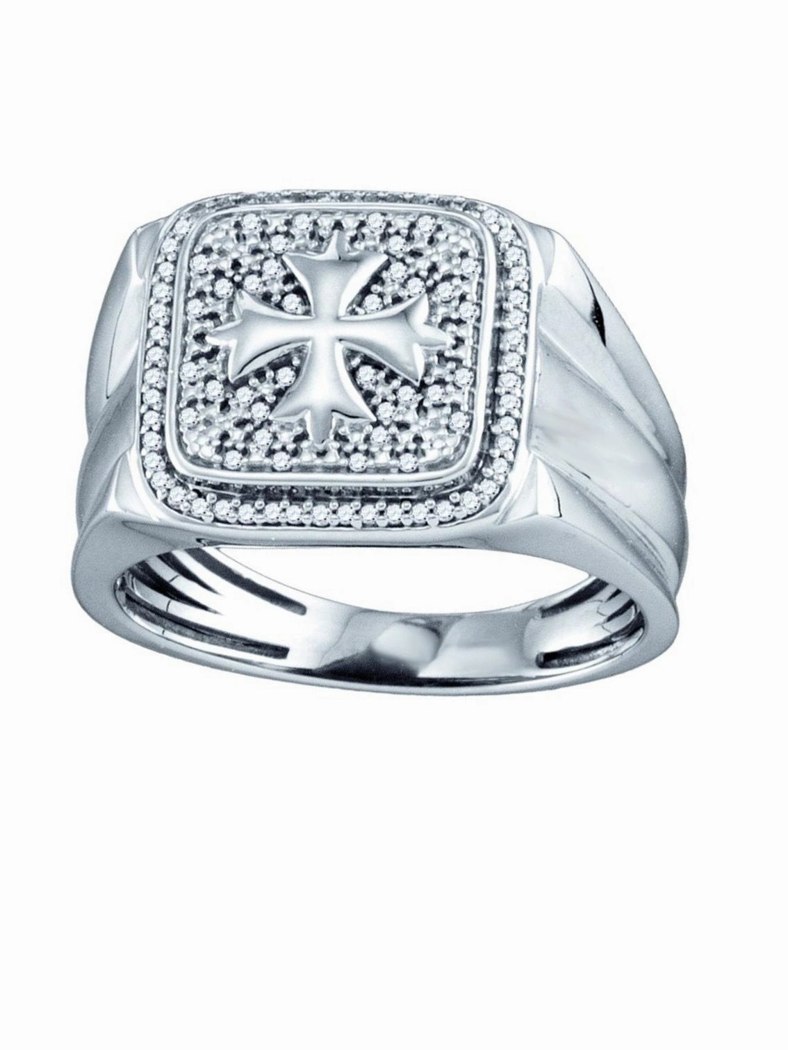 Mens Pave Halo Iron Cross Diamond Ring with Fleuree Rhodium on Sterling Silver Family Present Sweetheart Gift