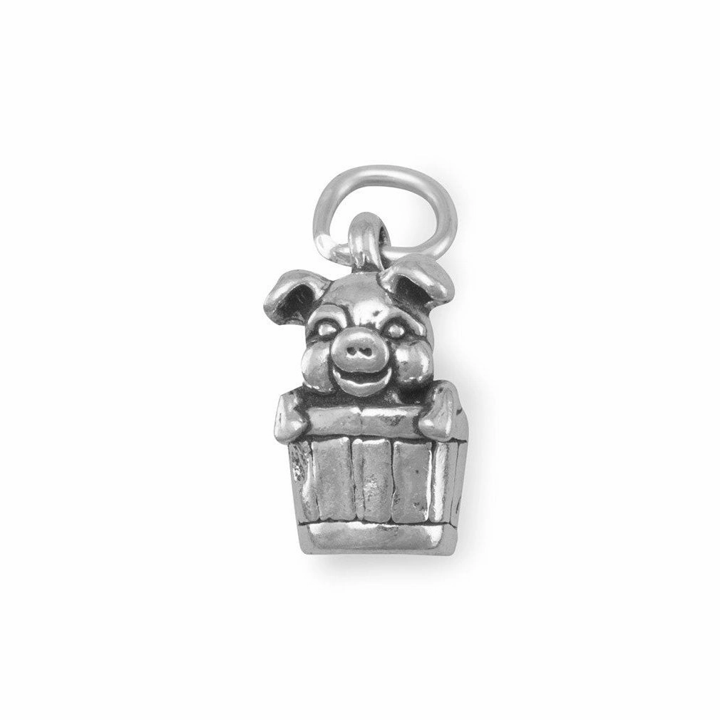 Sterling Silver Pig in Bucket Charm Contemporary Shine Dramatic Look
