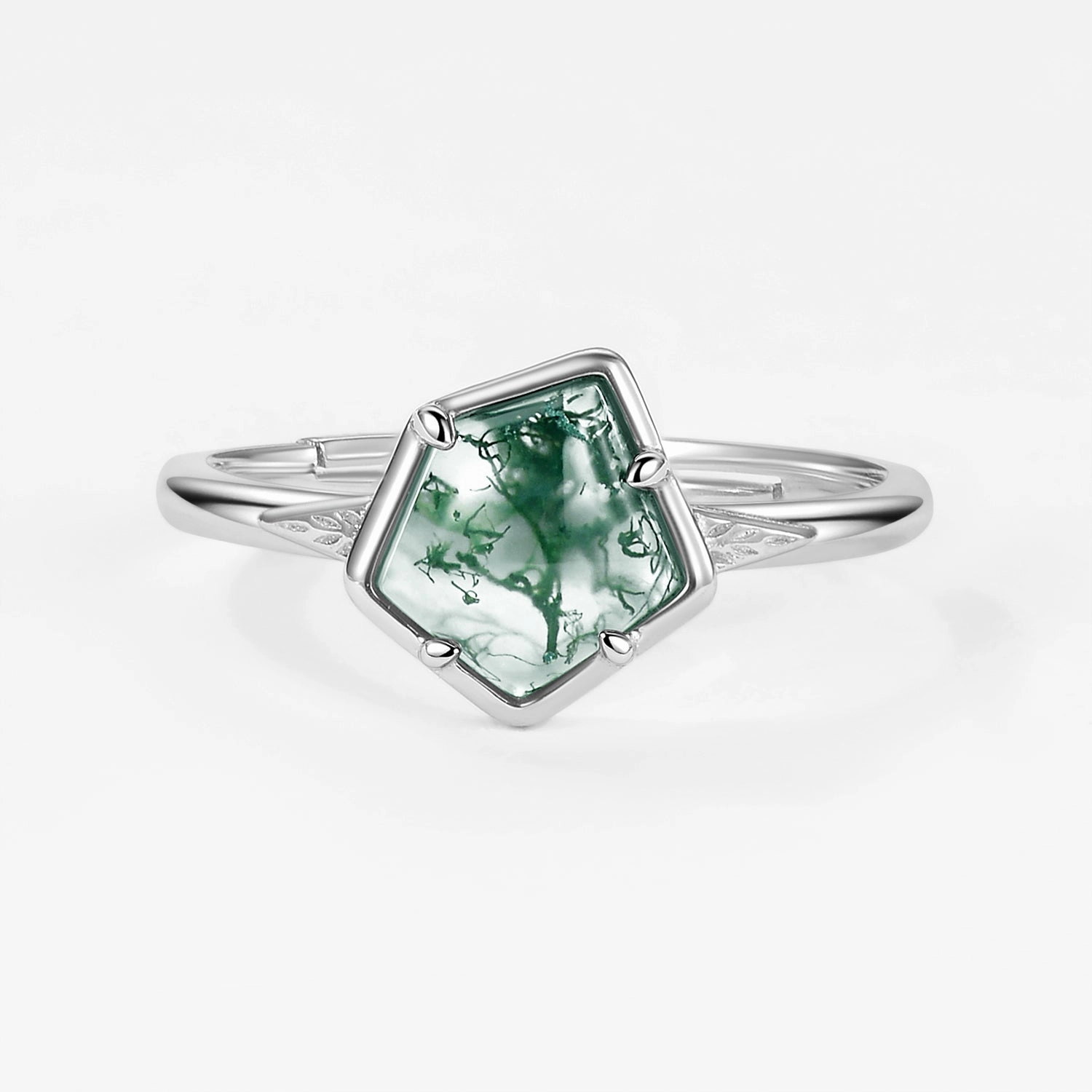 Unique Pentagon Moss Agate Leafy Bezel Engagement Ring Luxury Shine Finish