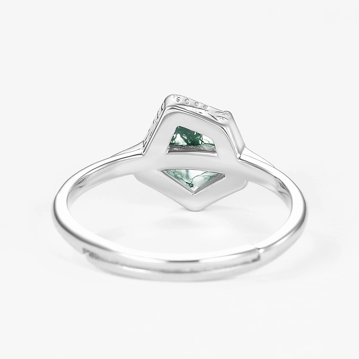 Smooth Surface Unique Pentagon Moss Agate Leafy Bezel Engagement Ring