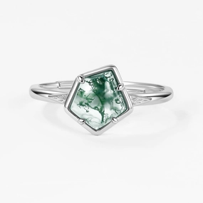 Unique Pentagon Moss Agate Leafy Bezel Engagement Ring Luxury Shine Finish