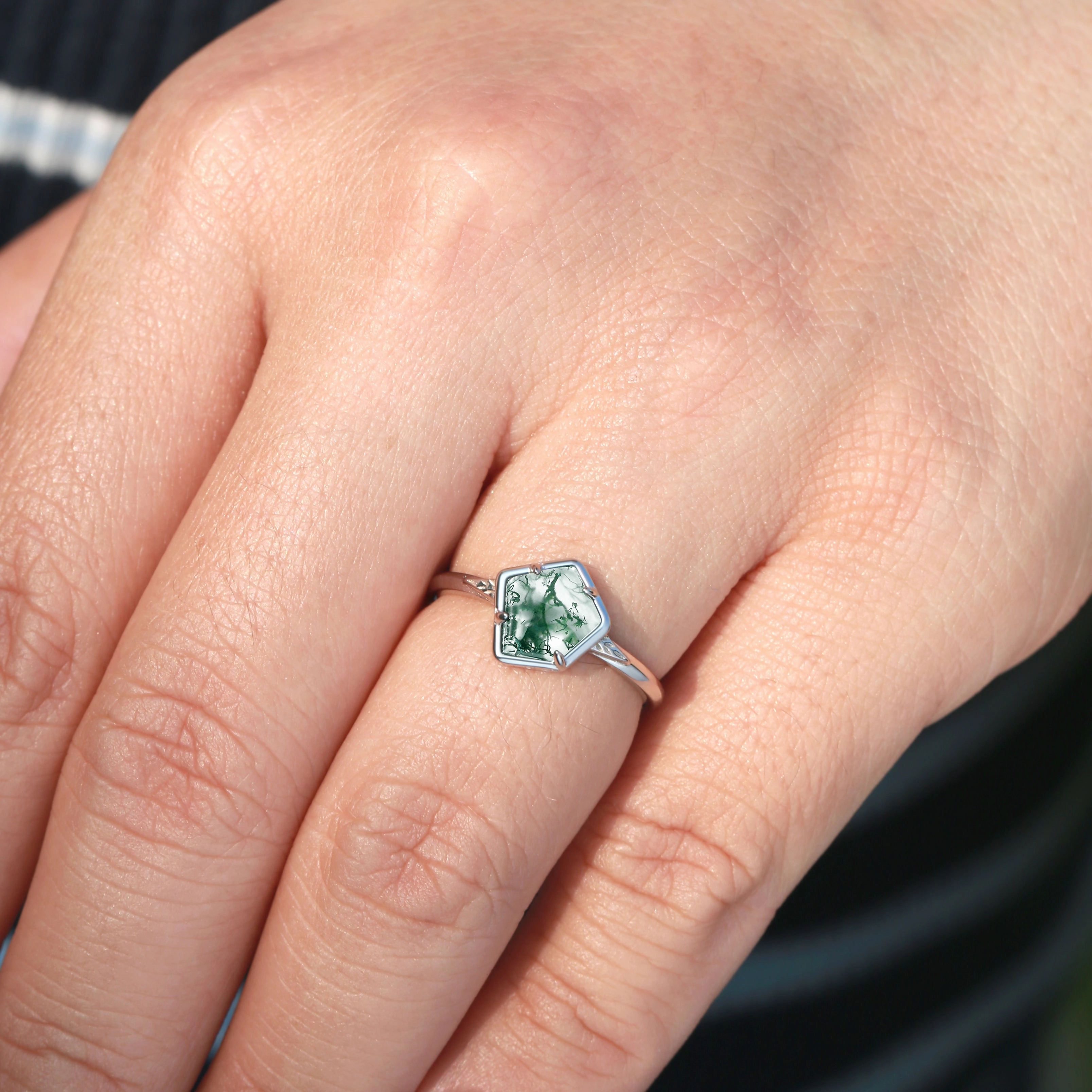 Luxurious Detail Unique Pentagon Moss Agate Leafy Bezel Engagement Ring