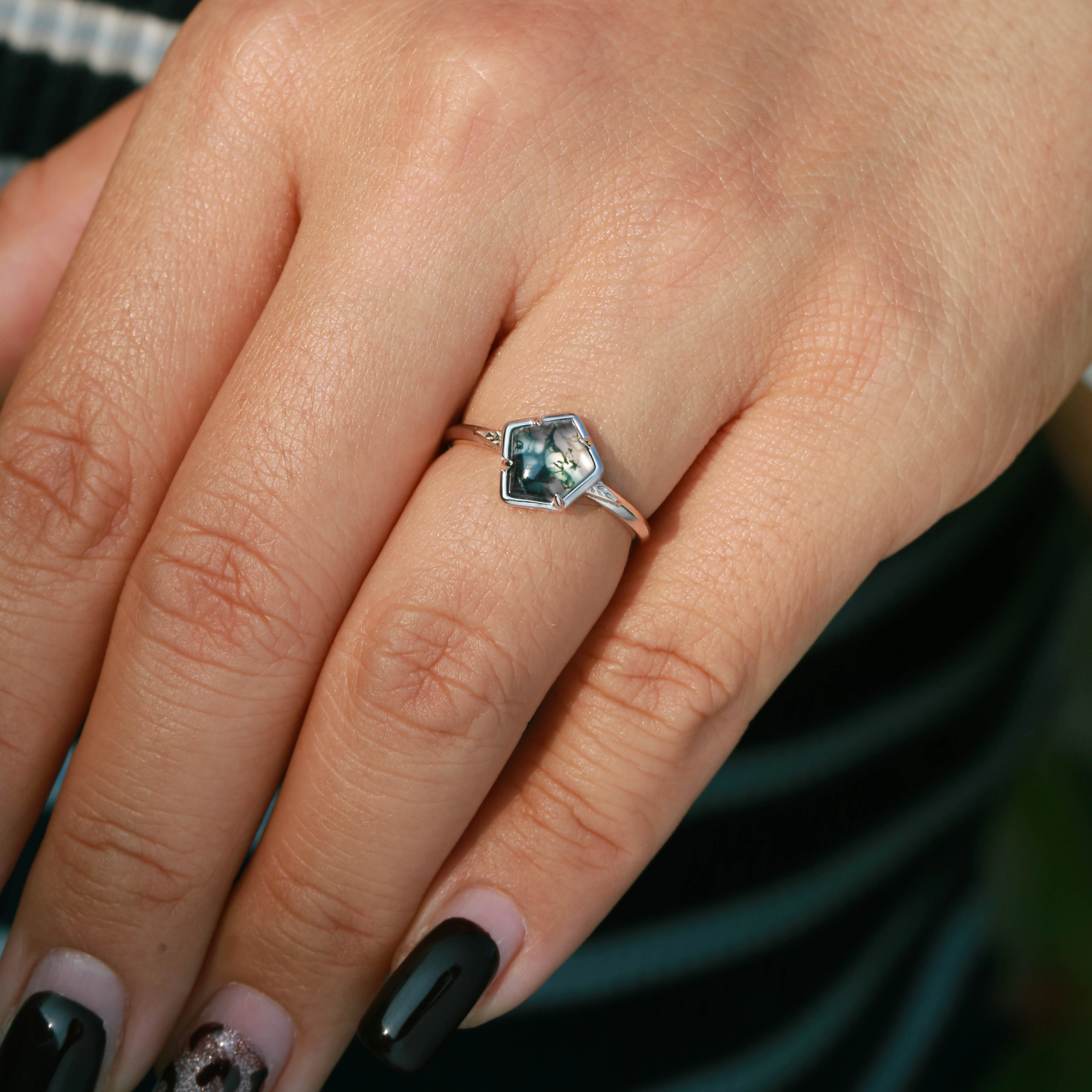 Unique Pentagon Moss Agate Leafy Bezel Engagement Ring Bridal Vibe Studio Shot