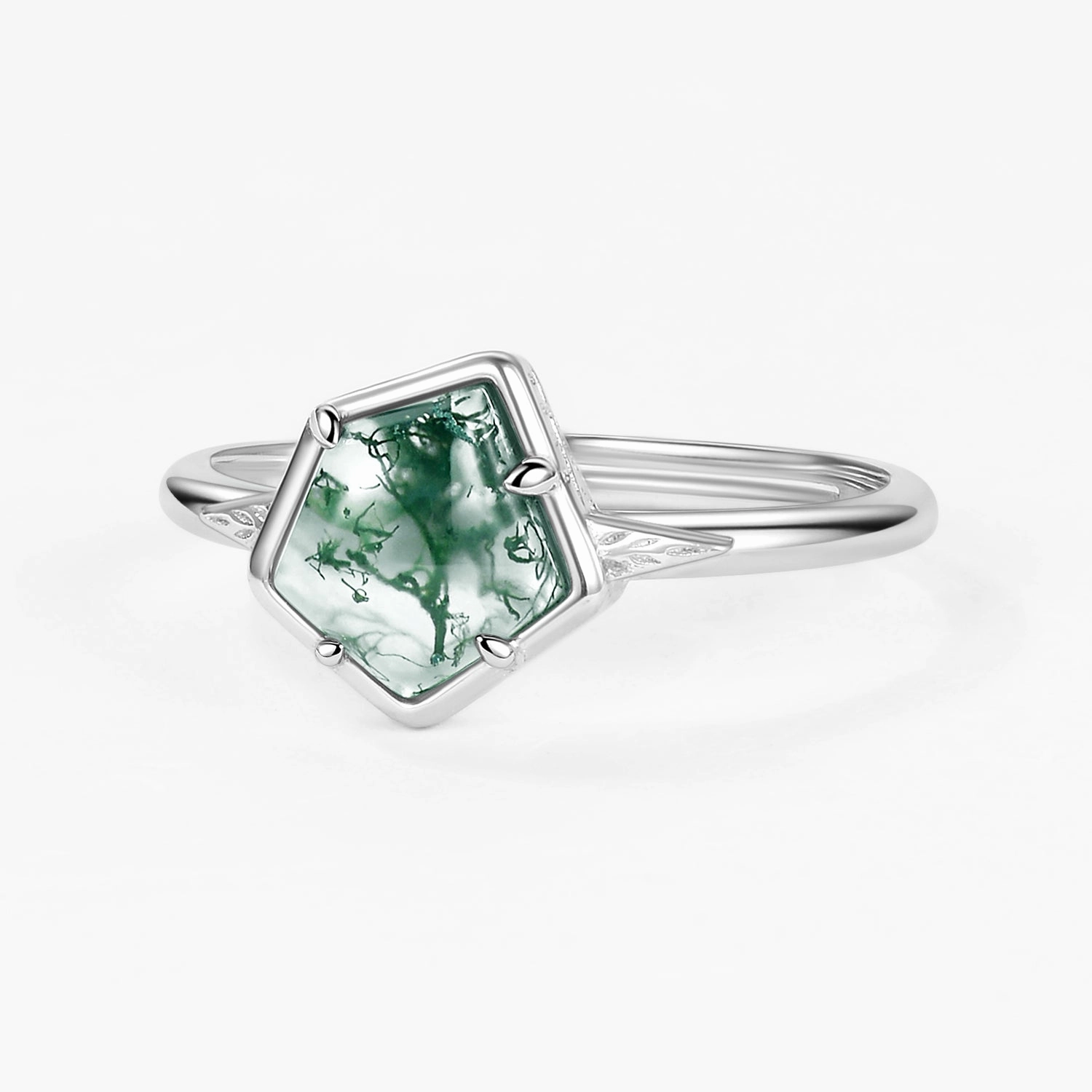 Refined Detailing Delicate Touch Unique Pentagon Moss Agate Leafy Bezel Engagement Ring