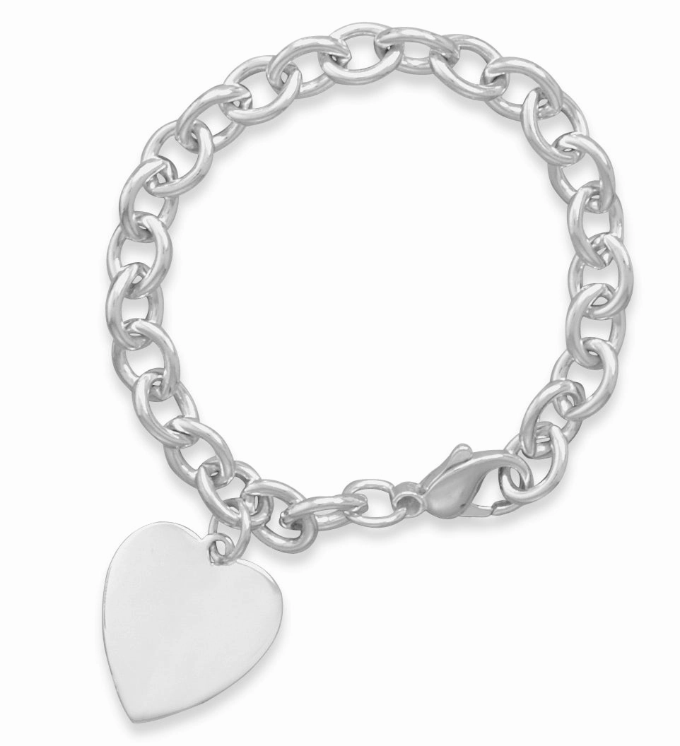 Sterling Silver Heart Tag Charm Bracelet Heavy Cable Chain Made in the USA Beauty Fit Office Wear