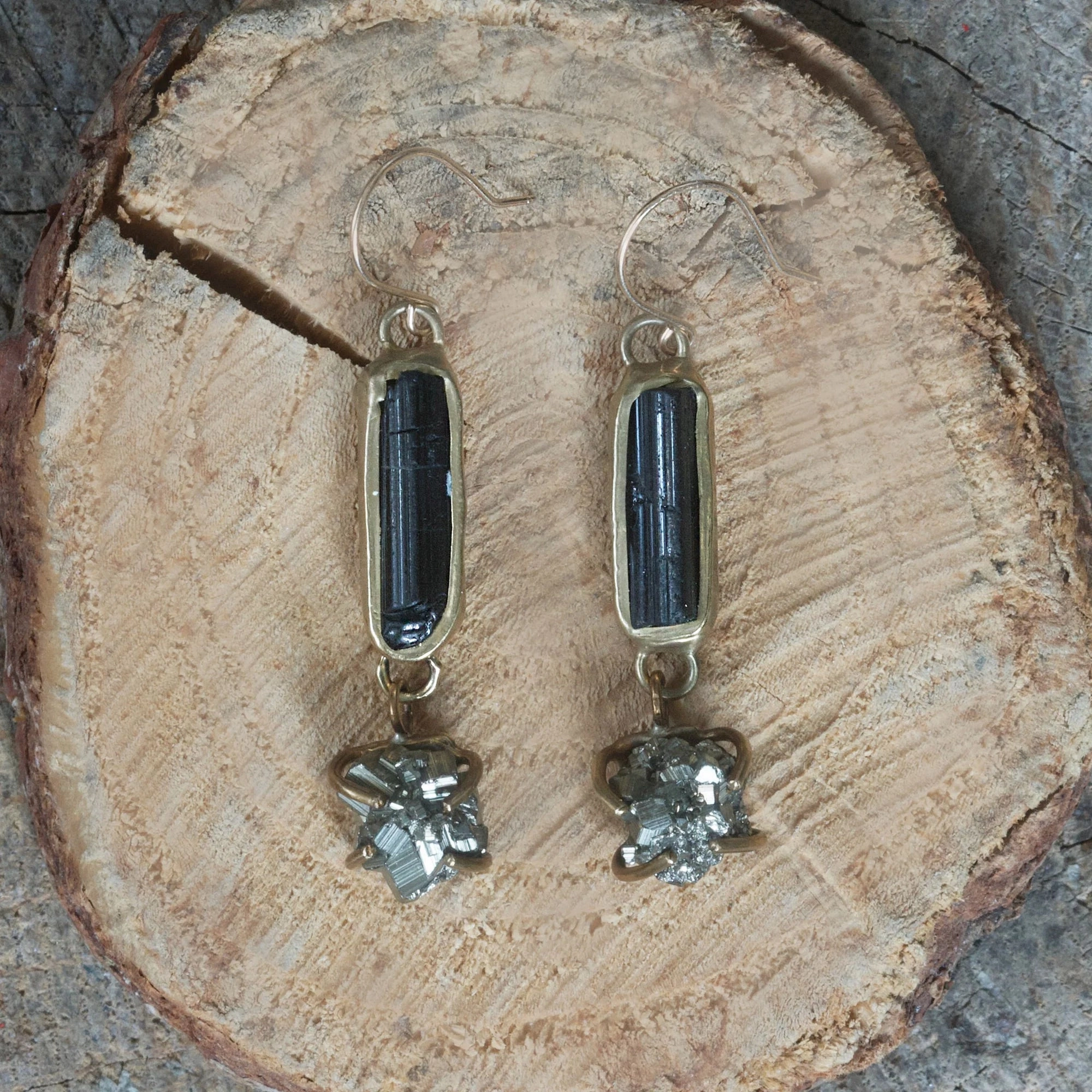 Supernova Earrings - Brass, Tourmaline   Pyrite Rustic Decoration Sparkling Style
