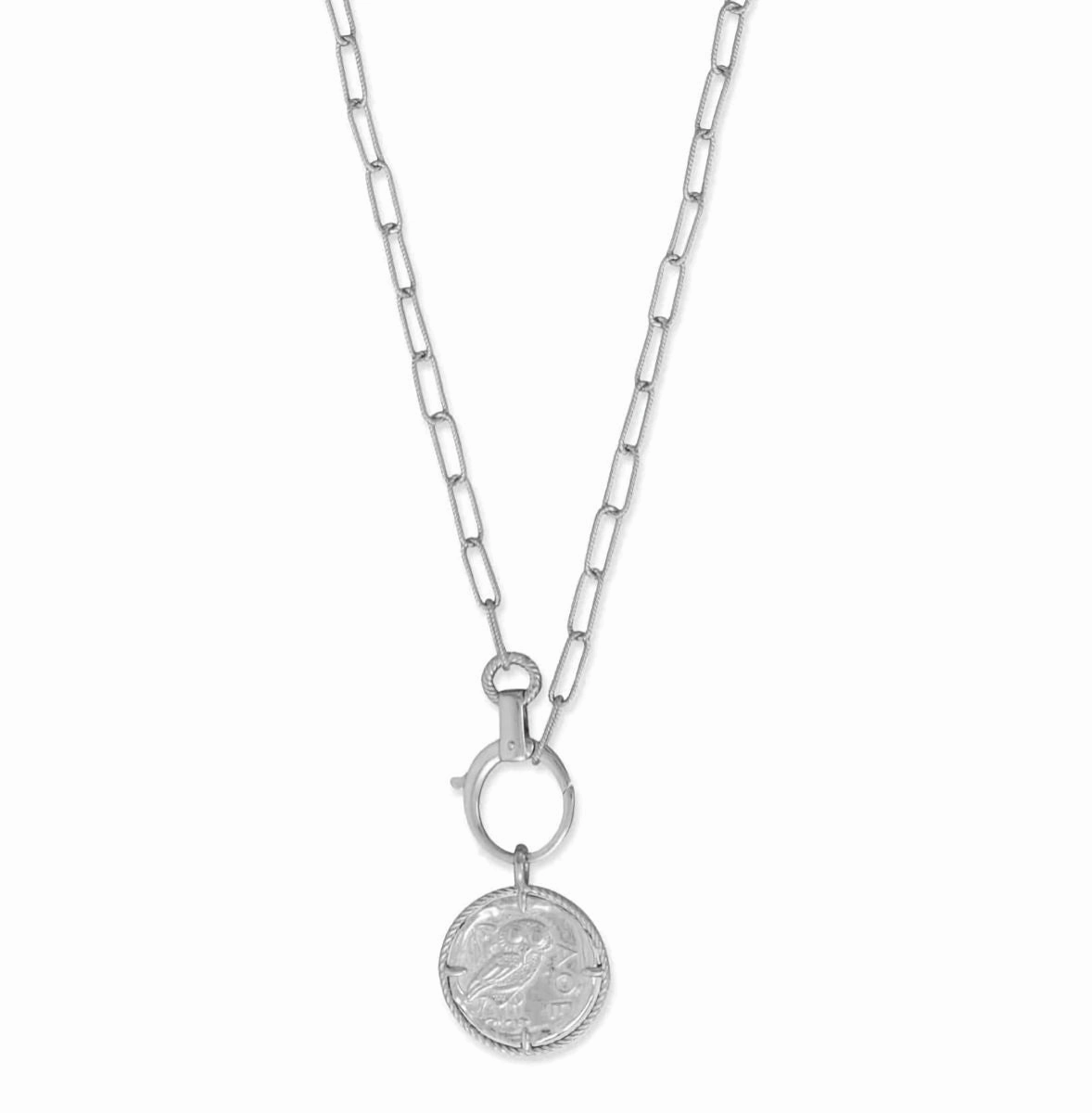 Signature Form Owl Medallion Necklace on Paperclip Chain, Rhodium on Sterling Silver