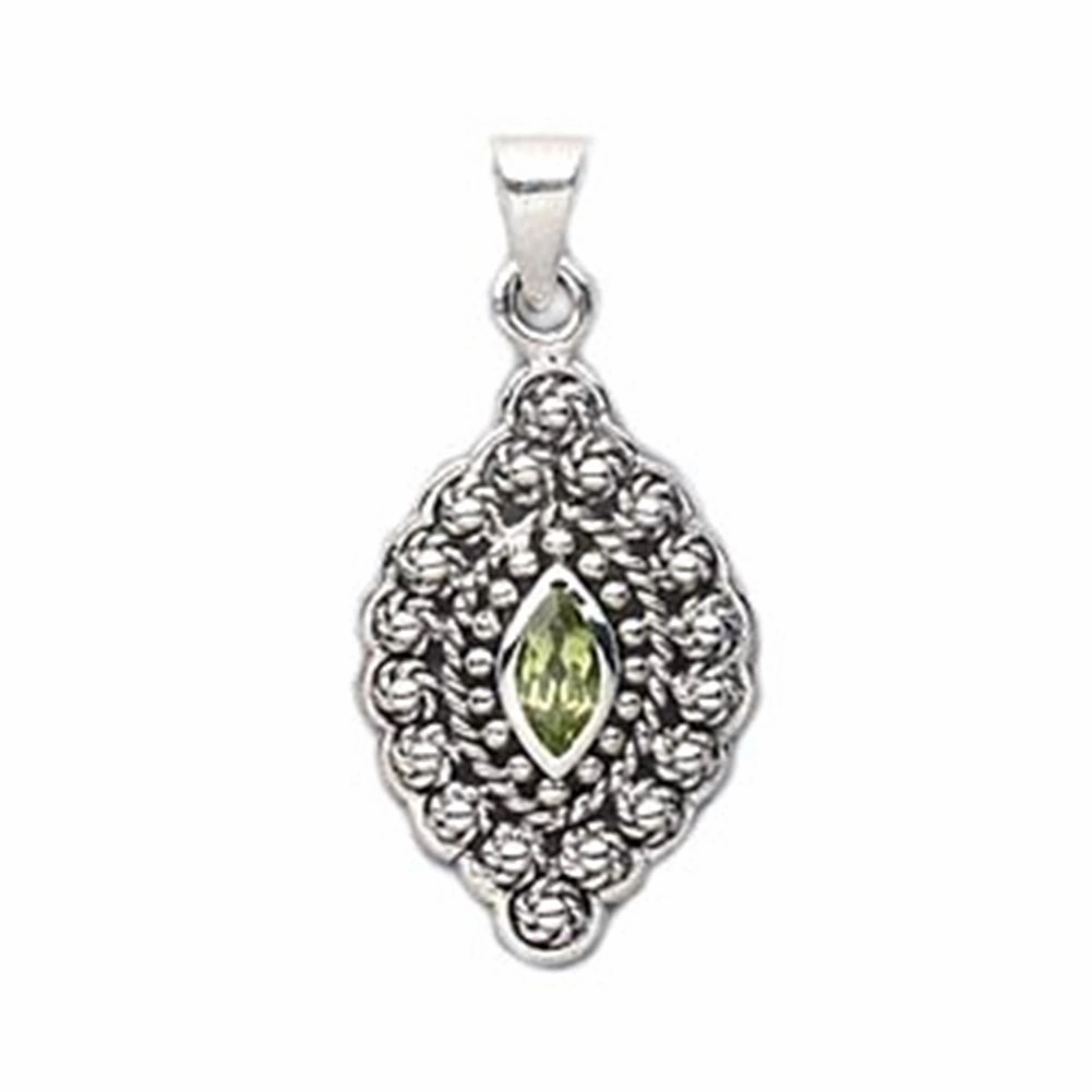 Green Peridot Pendant Antique Finish Sterling Silver Marquise Shape Zoom Focus Soft Features