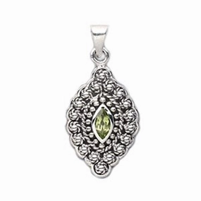 Green Peridot Pendant Antique Finish Sterling Silver Marquise Shape Zoom Focus Soft Features