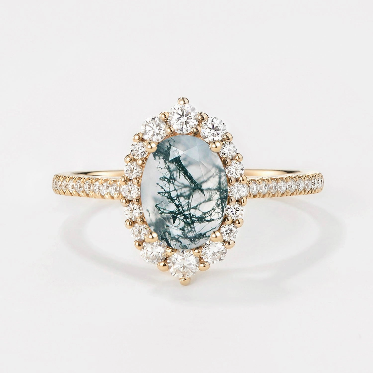 Sleek Finish Creative Edge Oval Cut Halo Moss Agate Engagement Ring