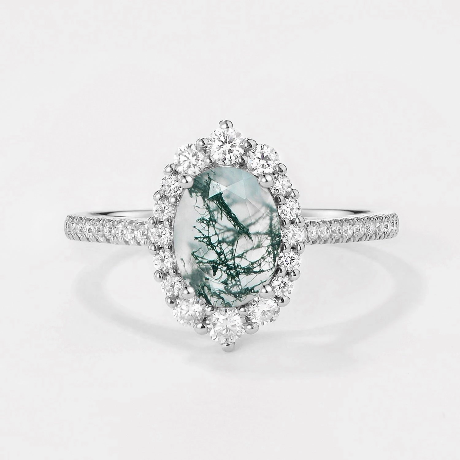 Oval Cut Halo Moss Agate Engagement Ring Smooth Curve Distinctive Edge