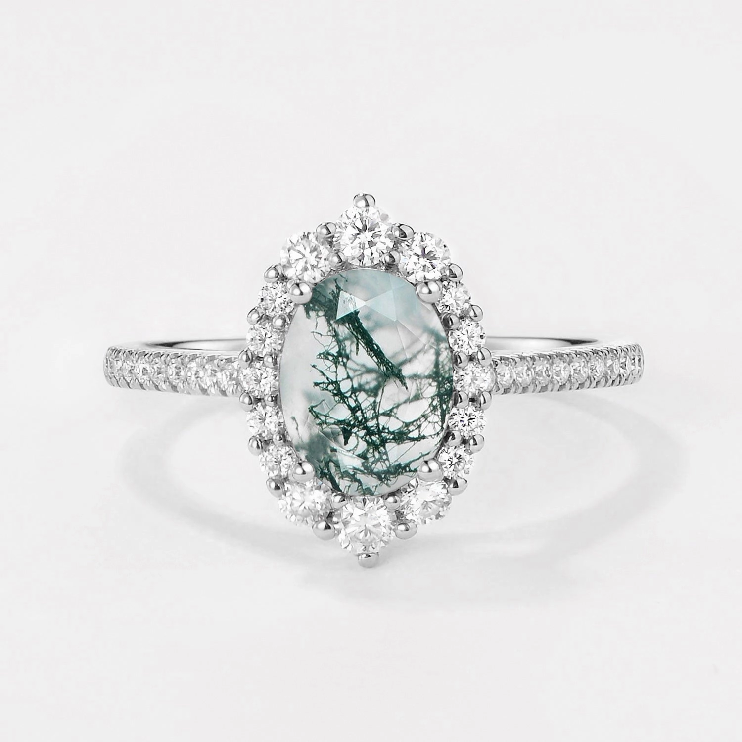 All Season Oval Cut Halo Moss Agate Engagement Ring