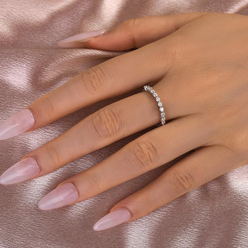 Louily Moissanite Round Cut Half Eternity Thin Women's Wedding Band Stylish Fashion Enchanted Sparkle