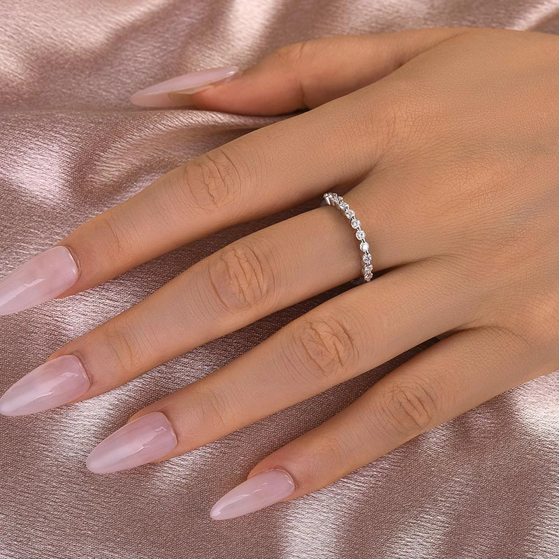 Louily Moissanite Round Cut Half Eternity Thin Women's Wedding Band Delicate Accent True Touch