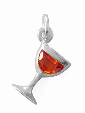 Red Wine Glass Charm Sterling Silver with Cubic Zirconia Timeless Craftwork Perfect Finish