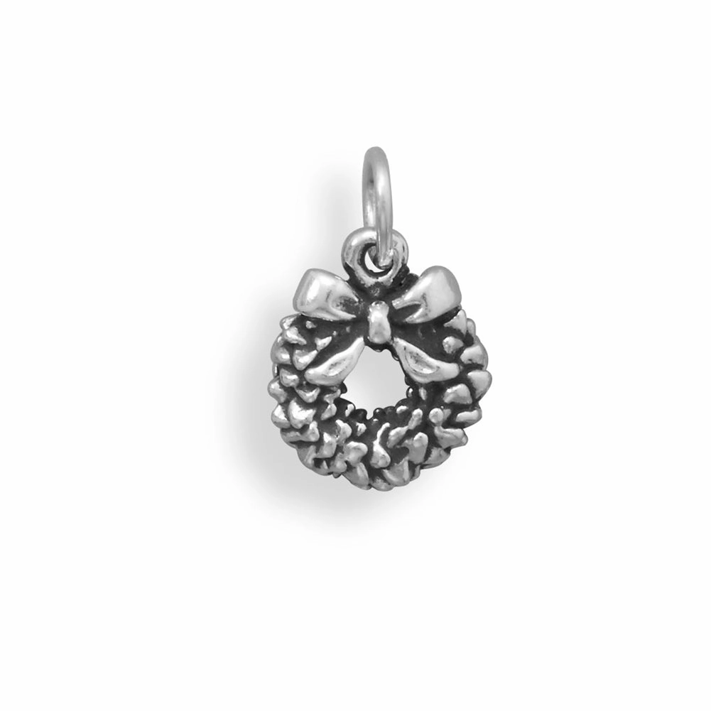 Christmas Wreath Charm Sterling Silver Antiqued Finish Monochrome Mood Dressy look