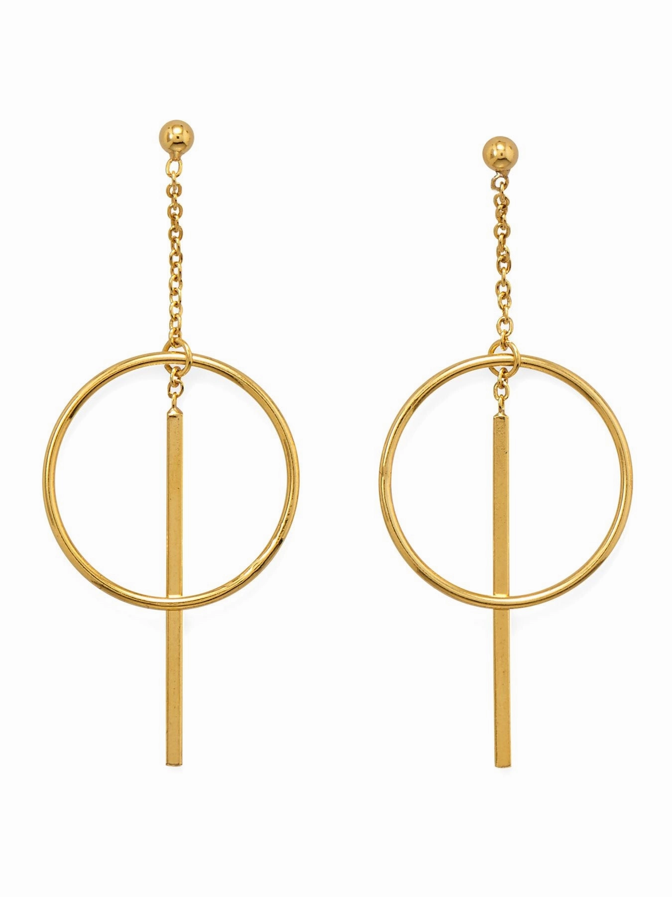 Perfect Sparkle Polished Piece Circle and Bar Dangle Earrings with Chain Ball Post Gold-plated Silver