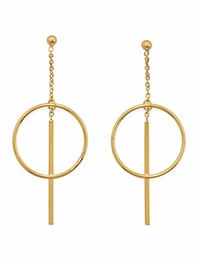 Perfect Sparkle Polished Piece Circle and Bar Dangle Earrings with Chain Ball Post Gold-plated Silver